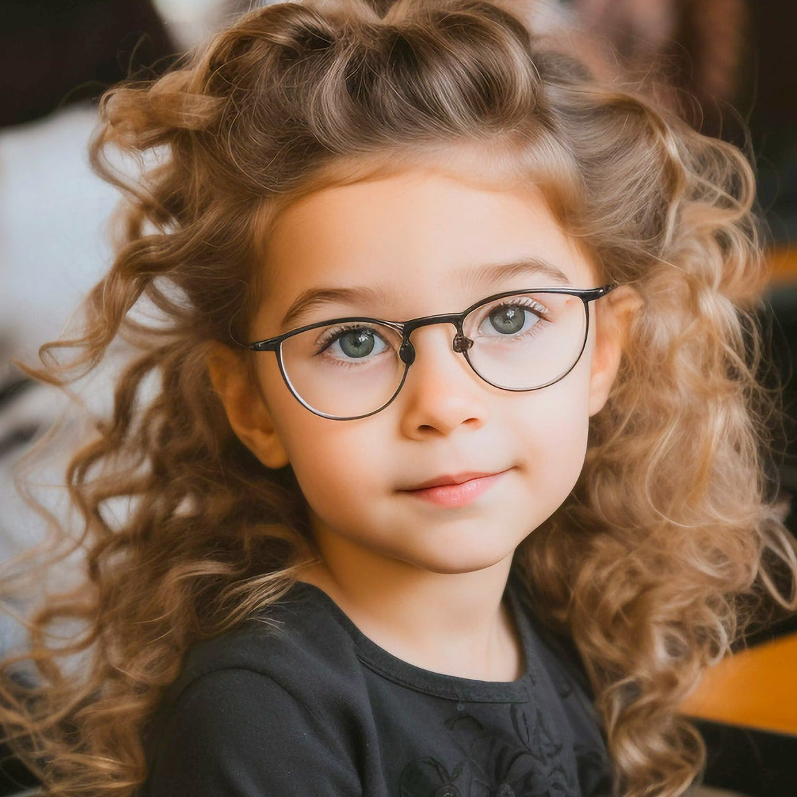 Young girl with glasses sitting at a table in a restaurant.